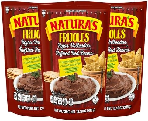 NATURA'S Refried Red Beans, Ready-to-Eat Vegetarian Refried Beans, Frijoles Rojos 13.40 oz Pouch (Pack of 3)