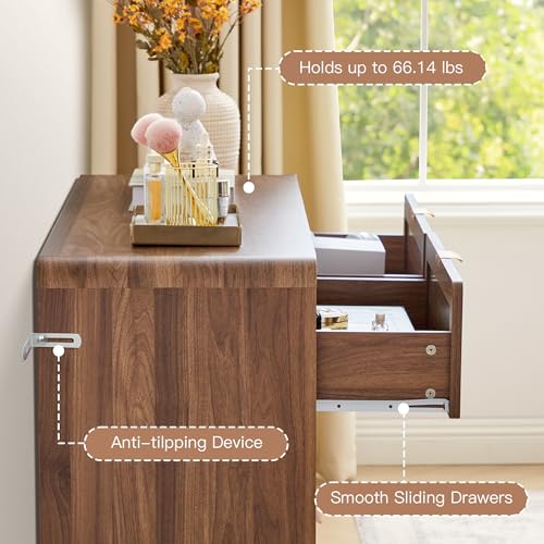 Image of 48 inch Modern 6 Drawer Dresser for Kids Bedroom, Mid Century Wooden Dresser Chest of Drawers with Natural Linen, Curved Profile Closet Clothes Storage Organizer for Living Room, Nursery,Walnut