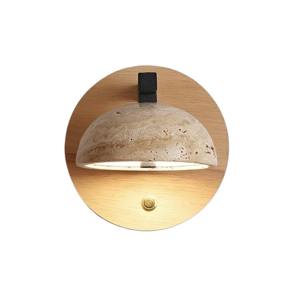 LUOYAOB Nordic Minimalist Wooden Wall Sconce with Switch Yellow Travertine LED Wall Lamp 12W Round Stone Wall Light for Bedroom Living Room Hallway(1-Pack)