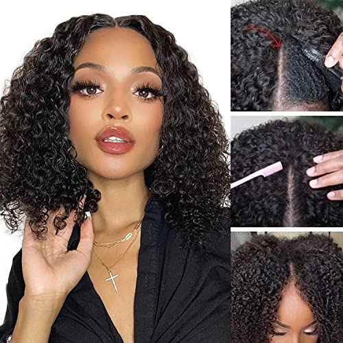 V Part Wig Bob Human Hair 180% Density,10 Inch Curly Upgrade U Part Bob Glueless Human Hair Wigs,No Glue Minimal Leave Out,Clip In Half Wigs With Straps And Combs Natural Color