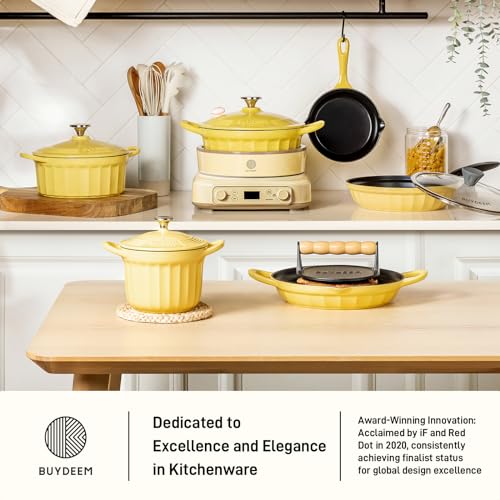 BUYDEEM Cast Aluminum Non Stick Sauce Pan,Rapid Even Heat Milk Pan with Glass Lid,All Stovetops Compatible,No PFOA/PFAS,Cooking Pot with Cool Handle,Cheflite Series CP141 Mellow Yellow,2QT