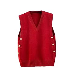 Women Loose Side Buttons Knitted Vest V-Neck Sweater Casual Sleeveless Waistcoat Knit Tops