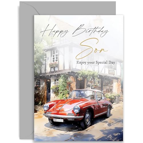 Classic Birthday Cards for Men - Birthday Gift for Son - Traditional Male Birthday Card - Vintage Red Sports Car Birthday Card for Him - 40th, 50th, 60th Birthday Cards for Men