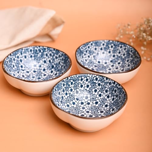 Image of MARKET 99 Heavy-Duty Ceramic Blue Bowl Set of 3 (100ml) | Small Serving Bowls for Chutney, Sauce, Pickles & Chilies | Ideal Serveware for Breakfast, Lunch, Dinner, Parties & Get-Togethers