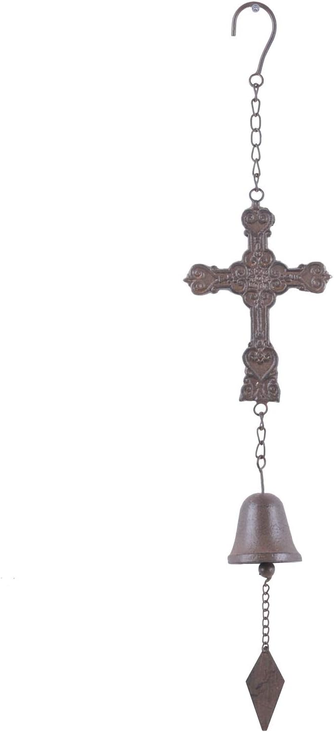 Yamfurvo Distressed Metal Cross Wind Chime, Hanging Wind Bell with Diamond Wave & S Hook, Decorative Embossed Cross Chime with Musical Melody for Garden, Patio, Balcony