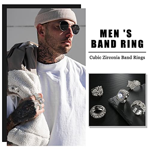 Sanfenly Iced Out Rings for Men Bling Fake Diamond Costume Pinky Rings Chunky Gold Silver 80s 90s Hip Hop Rings Star Cuban Chain Square US Dollar Sign Rapper Ring Fashion Cosplay Man Jewelry Ring Set3