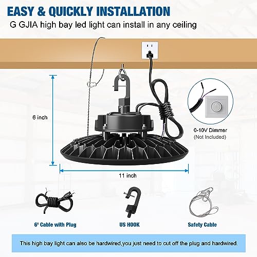 G GJIA LED High Bay Light Super Bright Dimmable AC100-277V 150W 22500LM 5000K DLC/ETL Listed Lights 6ft with US Plug High Bay LED Light Warehouse Workshop (4 Pack) — view 6