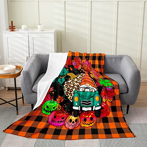 Pumpkin Lantern Throw Blanket For Couch,Halloween Fleece Blanket Lightweight,Orange Black Grid Lattice Plush Blanket Queen 90X90 Sofa Bed Couch Decor,Autumn Maple Leaves Flannel Blanket All Season #TOP16