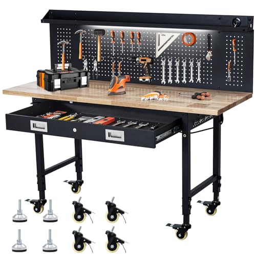 60" Adjustable Height Workbench, Rubber Wood Tabletop Workbench with Pegboard, Storage Drawers, Rolling Work Table with Wheels, Power Outlet, 2000lbs Capacity, Garage Workbench for Workshop