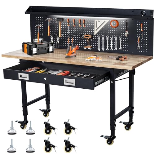 ACONEE 60' Adjustable Workbench with Drawer Storage, Rubber Wood Top Work Table for Garage, Heavy Duty Worktable with Removable Pegboard, Power Outlet, Hooks, Tool Storage Bench for Warehouse Workshop