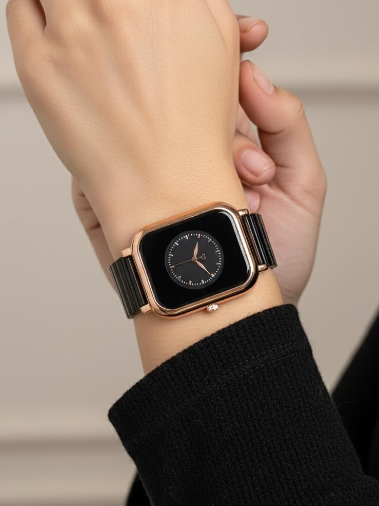 Image of Premium Rose Gold Square Analog Watch for Women & Girls | Stylish Stainless Steel Strap | Elegant Heart Second Hand | Trendy Ladies Wrist Watch under 500 | Square Case Design | Perfect for Casual | Affordable Fashion Watch for Girls