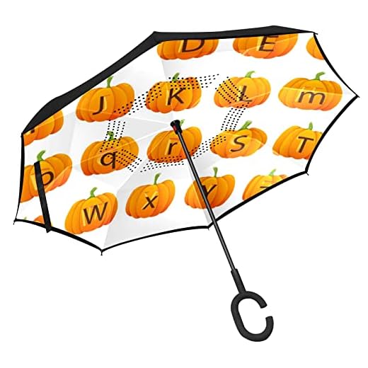 Inverterat paraply med C-format handtag, UV-vattentätt vindtätt rakt paraply för bil regn utomhusbruk pumpa engelskt alfabet – halloween orange