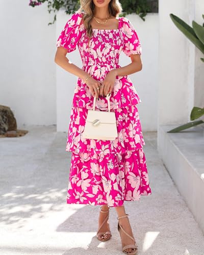 Image of BTFBM Womens Floral Smocked Summer Maxi Dresses | Square Neck Puff Short Sleeve Ruffle Tiered, 2026 Trendy Casual Sundress, Cruise Holiday Beach Vacation Wedding Guest Dress