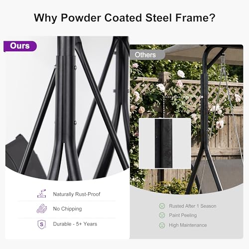Image of PURPLE LEAF Porch Swing with Adjustable Tilt Canopy 2-Seat Patio Swing with Stand and Metal Steel Frame All-Weather Outdoor Swing Chair Seat Space-Saving for Backyard Garden Deck (Grey)