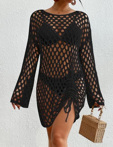 Bsubseach Crochet Cover Up for Swimwear Women Pool Swimsuit Coverup Long Sleeve Beach Knit Tops (Dark Black)2