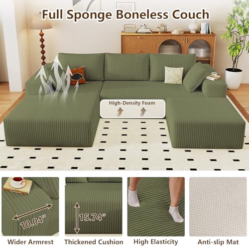 Image of 96 inch U-Shape Cloud Couch, Modern Modular Sectional L-Shape Sofa with Ottoman, Corduroy Upholstered Couches Deep Seat Sleeper Chaise Longue for Living Room, No Assembly Required(Green, Left Facing)