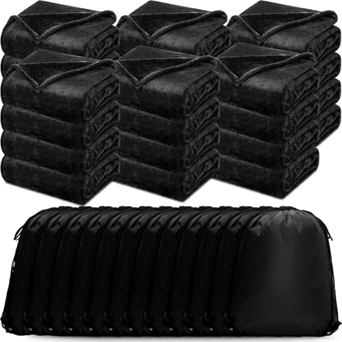 Toulite 24 Sets Flannel Fleece Blankets Bulk for Homeless 334 GSM 50 x 60'' with Drawstring Bags Winter Homeless Care Package Supplies for Donation Shelters Church Camping Wedding Gift(All Black)