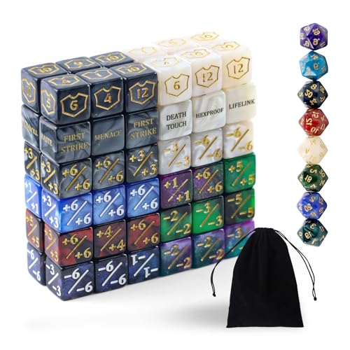 80 Stück MTG Würfelzähler-Set PremiumSchild Lebenszähler Schlüsselwörter-Würfel +1/+6 & -1/-6 Zähler D20 Würfel | Mit Samentasche | Für MTG TCG Kartenspiele Karten KartenGaming-Zubehör
