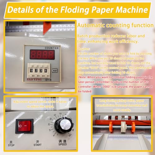 HayWHNKN Automatic Paper Folding Machine 110V Commercial Desktop Paper Folder Cross Fold & Stepless Speed Control with Digital Sheet Counter Rubber Feed Roller for Business Letters Manuals Documents