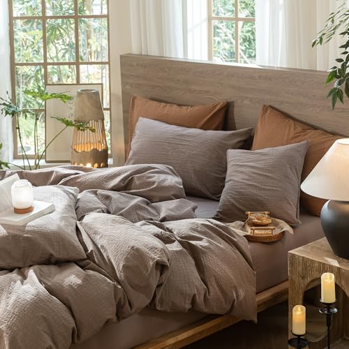 Image of MooMee Wavy Striped Duvet Cover Set 100% Washed Cotton Linen Like Textured Breathable Durable Soft Comfy (Brown, King 104 inchx90 inch)