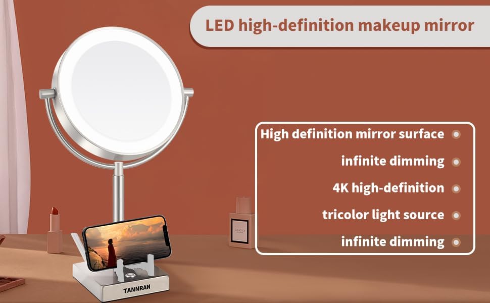 Miniatura 7 de TANNRAN Espejo de maquillaje iluminado con aumento, espejo de tocador LED, espejo de aumento 1X7X, espejo de doble cara. Viene con caja de lápiz