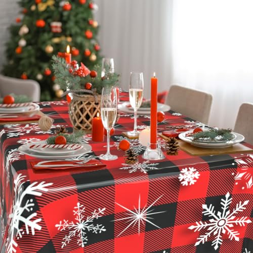 Image of Labeol 3 Pack Christmas Tablecloth, 54 x 108 inch Snowflake Tablecloth for Table Decorations, Disposable Plastic Waterproof Rectangle Table Cover for Christmas Decorations Party Supplies