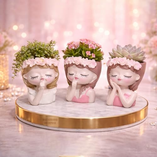 Image of Cute Beautiful Combo Pack of 3 Girls Succulent Planter Pots Resin Creative Flowerpot Plant Pot Planter Container for Home Garden Office Desktop Decoration (3 Pink Girl Set)