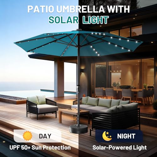 Image of AreShark 11FT Large Patio Umbrella with Solar Lights, Lighted Solar Umbrella with Crank, Outdoor Table Market Umbrellas for Garden, Deck, Backyard, Pool and Beach, Lake Blue