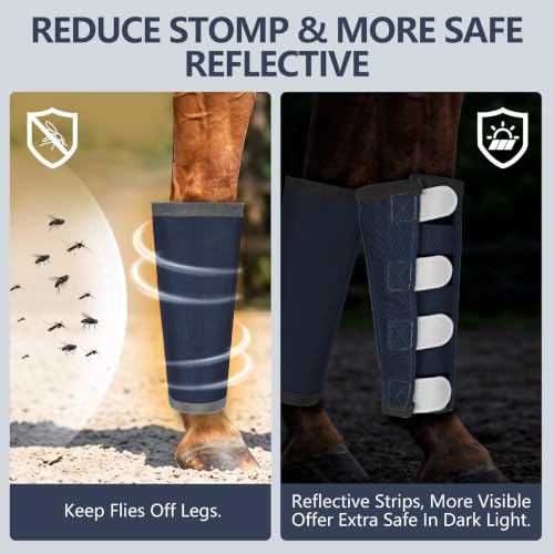 Image of Fly Boots for Horses Set of 4 with Reflective Vercros, Loose Fitting Mesh Horse Fly Boots Leggings, Adjustable Equine Leg Wraps & Socks, Stay Up Not Sag, No Rub