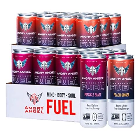Angry Angel Popsicle Blast & Peach Ginger Natural Energy Drink - (24 count) Mixed Pack - Zero Sugar - CoQ10 - Important B Vitamins - 12 oz Cans Cover