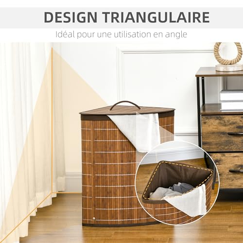 Panier à linge en bambou d'angle 55L marron pour optimiser l'espace - 7