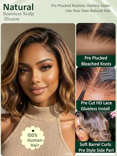 Image of KLAIYI Bye Bye Slip Ombre Brown Highlight Glueless Bob Loose Wave Wig Human Hair Precut 7x5 Lace Front Wigs Drawstring Blonde Pre Plucked Bleached Knots Ready to Wear and Go Wig with Side Bang 14Inch