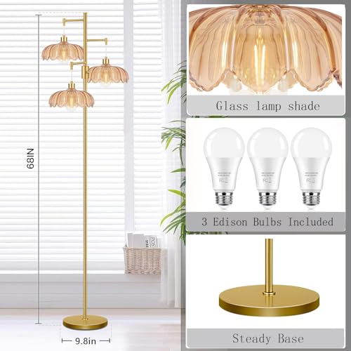 Image of Gold Floor Lamps for Living Room Bedroom-3 Light Glass Floor Lamp with Three Led Bulb, Flower Tall Floor Lamp Dimmable Mid Century Modern Standing Lamp Vintage Tree Floor Lamps for Bedroom Corner