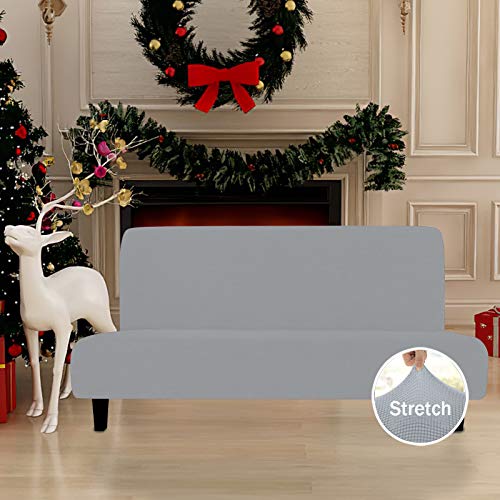 Image of Easy-Going Stretch Large Futon Slipcover Armless Futon Cover Silver Gray | Sofa Bed Furniture Protector Without Armrests with Elastic Bottom for Kids, Soft Jacquard Machine Washable
