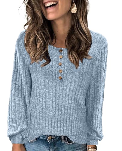 Yutdeng Jerseys Mujer Suéter Jersey de Punto Invierno Otoño Cuello Redondo con Botones Decorativos Jersey Basico Sueter Mujer Manga Larga Sweater Pullover Camiseta Jerséis para Mujer,Azul,M