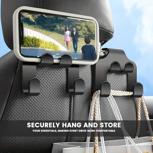 Image of AllExtreme Car Backseat Headrest Hook Storage Hanger, Universal Durable Organiser & Space Saver with Mobile Phone Holder for Handbag, Purse, Grocery Bags, Car Seat Hook Bag Holder (Black, Pack of 1)