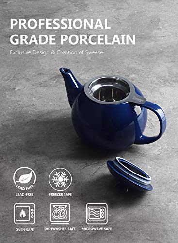 Sweese 221.103 Teapot, Porcelain Tea Pot With Stainless Steel Infuser, Blooming & Loose Leaf Teapot - 27Ounce, Navy #TOP2