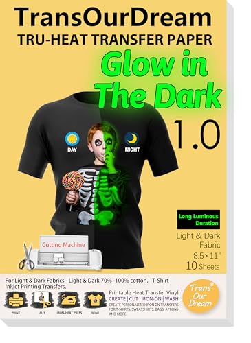 Image of TransOurDream Heat Transfer Paper for Dark T Shirts (10 Sheets, 8.5x11'') Glow in THE Dark Iron on Transfers Paper Printable Heat Transfer Vinyl for Inkjet Printer