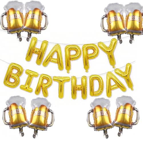 Image of ZHENGYE Gold Birthday Party Decorations Kit 16 Inch Happy Birthday Balloon Banner Beer Balloons Beer Themed Decoration for Women Men Party Supplies