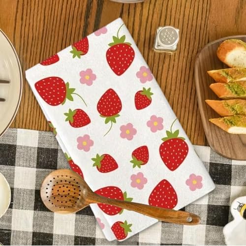 Dermalyx 2 Stück Erdbeer Küchenhandtücher, Ultraweiche Handtücher Mit Frucht Design, Dekorative Geschirrhandtücher Für Küche, Küchentücher, Weiche Polyester Tücher