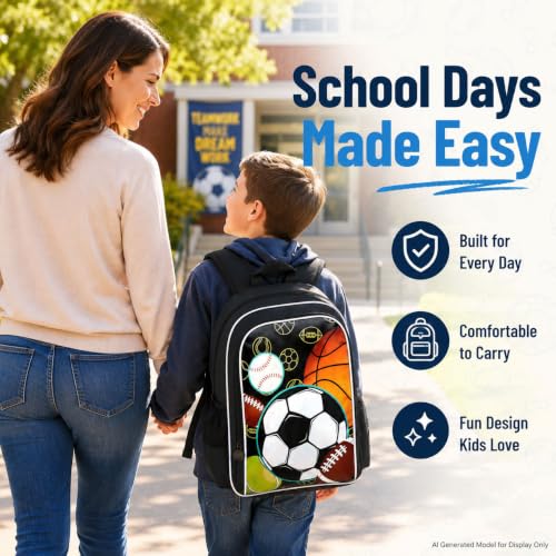 Image of AGSDON 3PCS Boys Backpack, 17 inch Kids Bookbag with Lunch Box for Teen, Multi-Sports Ball Backpacks Water Resistant and Lightweight