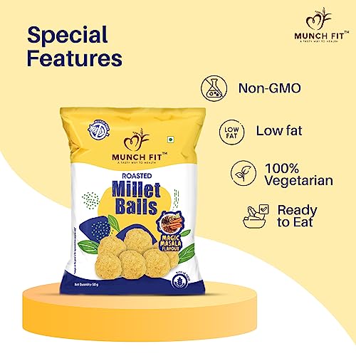 Image of Munch Fit Healthy & Roasted Millet Balls Snack - Magic Masala | 100% Veg | Gluten Free | No Added Sugar | Low Calorie | High Fibre, No Maida | Ready to Eat Roasted Snacks | Pack of 6x100g each