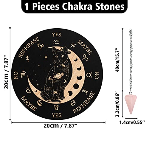 INFUNLY Wooden Pendulum Board 7.9" Cat Moon Witch Dowsing Divination Planchette Board Metaphysical Message Board with Healing Crystal Necklace Witchcraft Wicca Altar Supplies Kit - Image 2