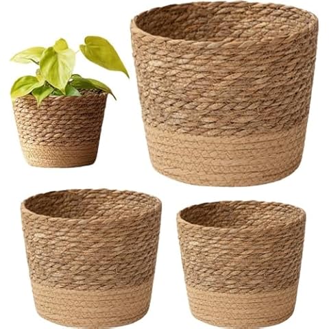 Wiywef Basket Planters Hand Woven Plant Pots Flower Pots Cover Storage Basket Plant Containers Straw Bonsai Household Storage Basket Cover