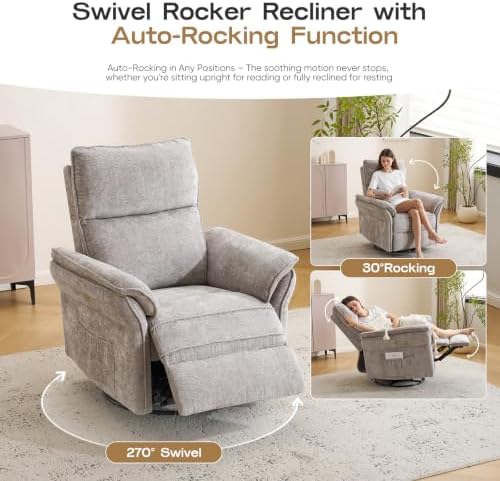 Rhevoy Power Nursery Recliner with Auto Rocking,Oversized Swivel Rocker Recliner with Massage and Heat,Glider Recliner Nursery Chair with Adjustable Headrest for Living Room and Bedroom,Light Grey - 2