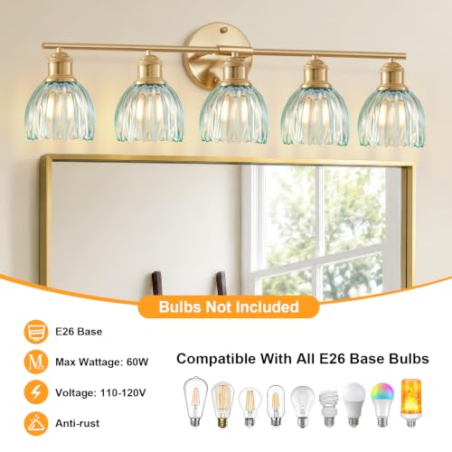 Image of Bathroom Light Fixtures, 5-Light Brushed Gold Vanity Lights for Bathroom with Blue Tulip Glass Shade, 30 inch Vintage Bathroom Vanity Lighting Fixtures Over Mirror for Bedroom Living Room Hallway