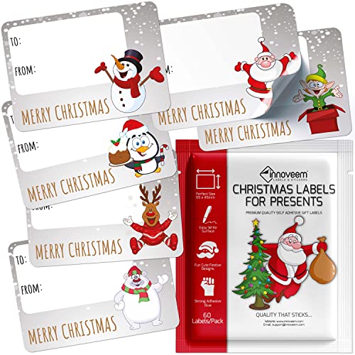 Innoveem Christmas Labels Stickers Self Adhesive - 60 Sticky Xmas Gift Tags