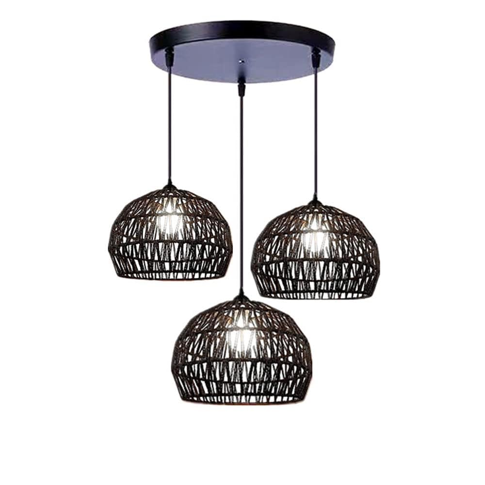 LANTANB Black Rattan Pendant Light 3 Light Cluster Pendant Light for Stairwell Brown Bamboo Basket Wicker Chandelier Farmhouse Ceiling Hanging Lamp for Kitchen Island Dining Room Restaurant ﻿