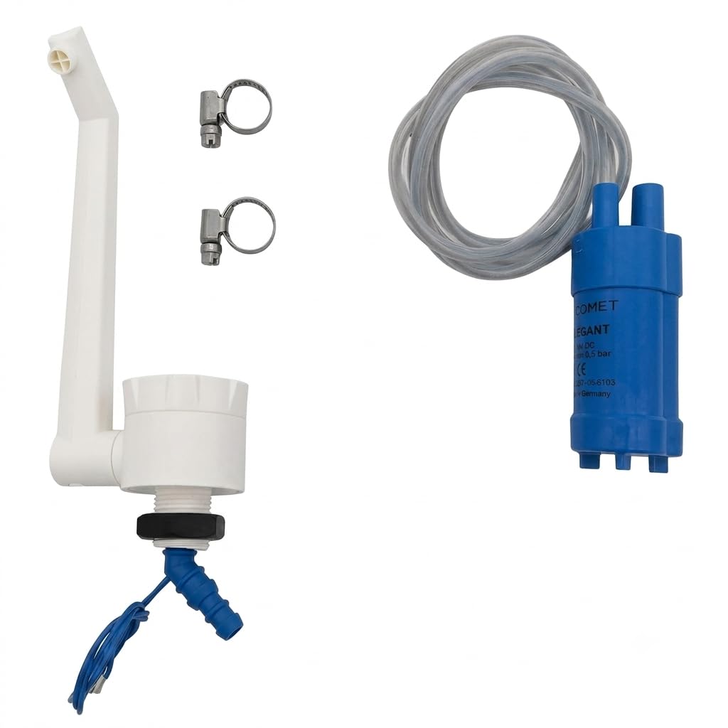 CR-MOESANCO® KIT Wasserhahn + Pumpe + 2 INOX-Klemmen für 12 V Wohnwagen, Wohnmobil, Camper-Waschbecken, Elegantes Schwanenhals-Design, Weiß, Thermoplastischer Kunststoff