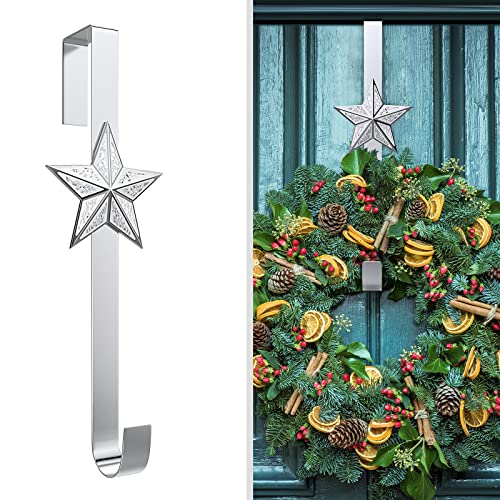 Roylvan Colgador de Corona Guirnalda para Navidad Halloween Pascua, 37 cm Gancho Metal con Estrella Decorativa Navideña Soporte Colgante para Familia Dormitorio Oficina Pared Boda, Plateado Cover